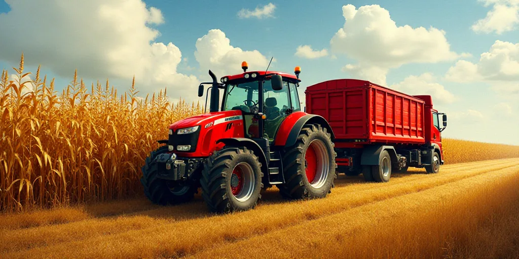 a red tractor driving through a field of corn next to a red truck with a red trailer on it, Cornelis