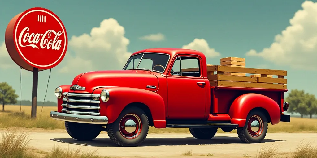 a red truck with crates on the back of it's bed parked in front of a coca cola sign, Dorothy Coke, h