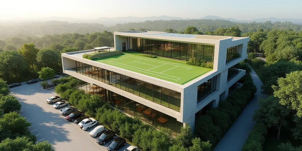 a rendering of a building with a tennis court and a tennis court on top of it and a parking lot belo