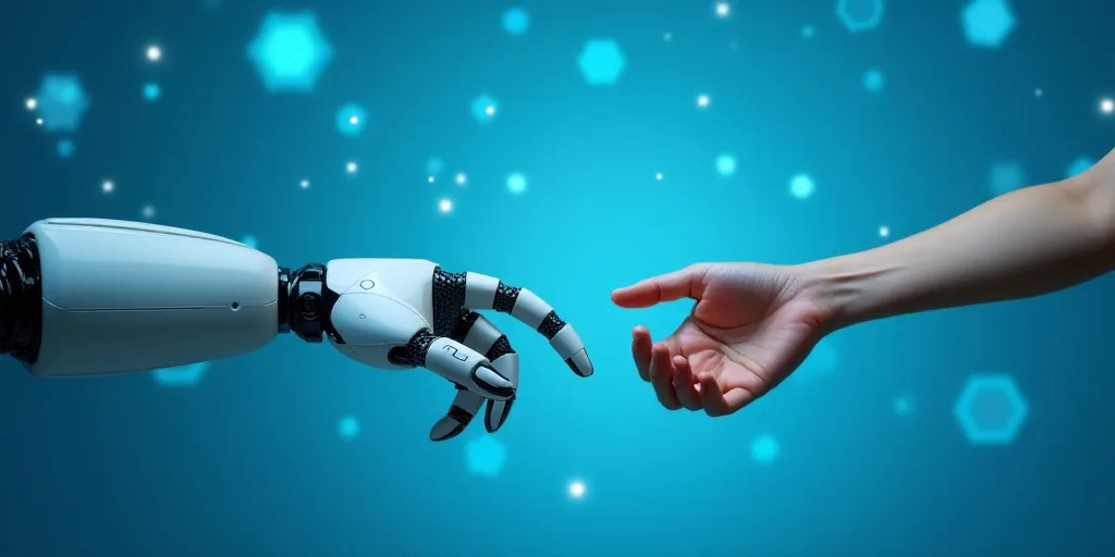 a robot hand touching another hand with a human hand on a blue background with hexagonal shapes and