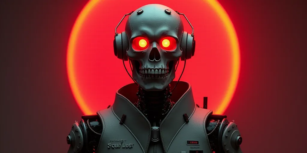 a robot with a skull on its face and a red light behind it, with a red light behind it, Beeple, robo