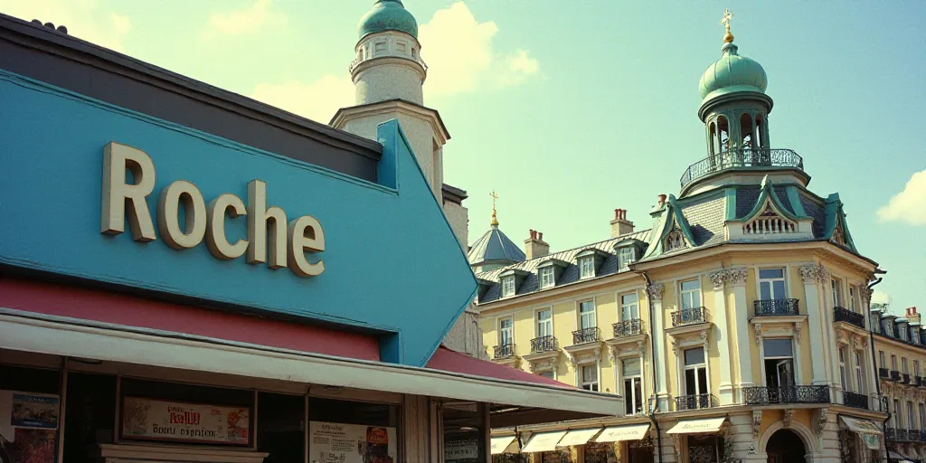 a roche sign on a building with a building in the background and a building in the foreground with a