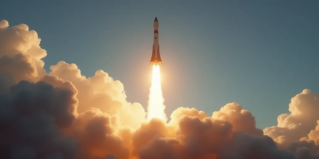 a rocket is being launched into the sky with smoke coming out of it's back end and a cloud of smoke