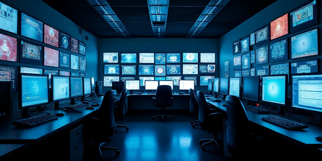 a room filled with lots of computer monitors and monitors on the walls of it's walls are lit up, And