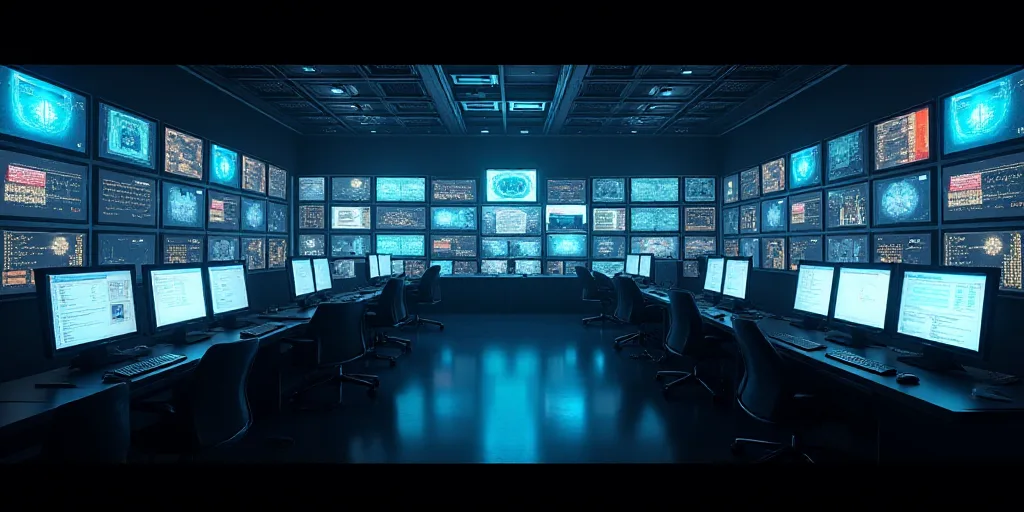 a room filled with lots of computer monitors and monitors on the walls of it's walls are lit up, And