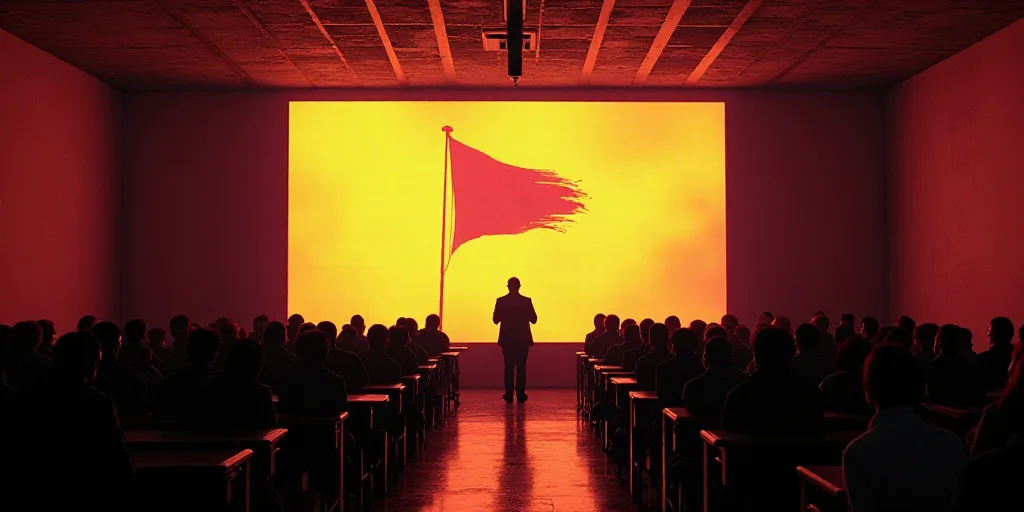 a room full of people sitting at desks in front of a large screen with a flag hanging above it, Davi