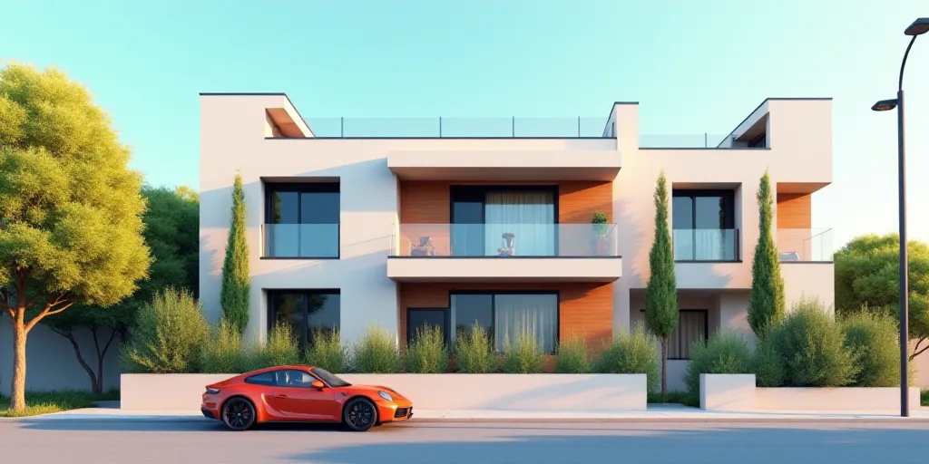 a row of houses with a car parked in front of them on a street corner with a lamp post, Altichiero,