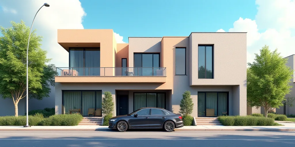 a row of houses with a car parked in front of them on a street corner with a lamp post, Altichiero,
