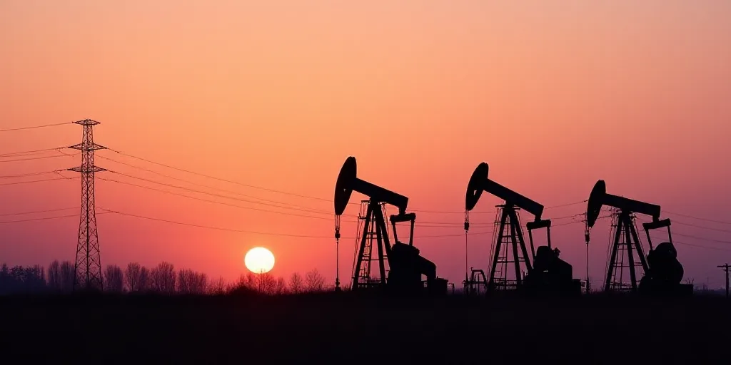 a row of oil pumps sitting in a field at sunset with power lines in the background and a pink sky, E