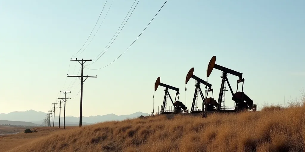 a row of oil pumps sitting on top of a hill next to a telephone pole and a telephone pole, Elbridge