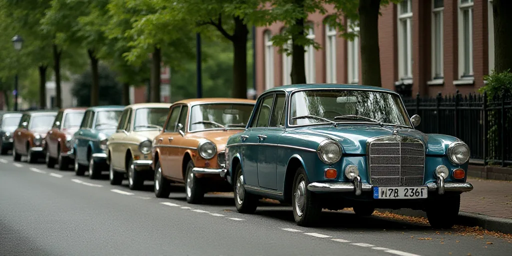 a row of parked cars on a street next to a sidewalk with trees in the background and a building in t