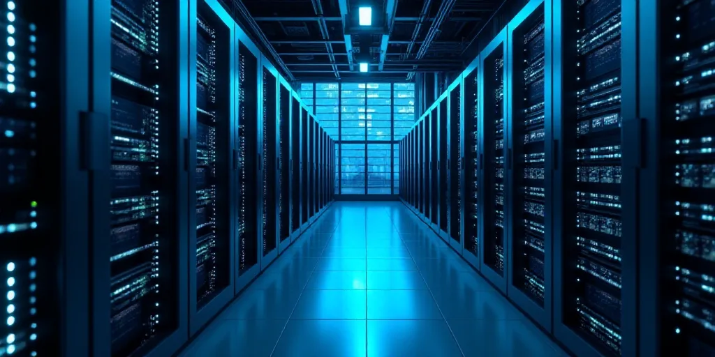 a row of servers in a data center with bright lights shining on them and a large window in the backg