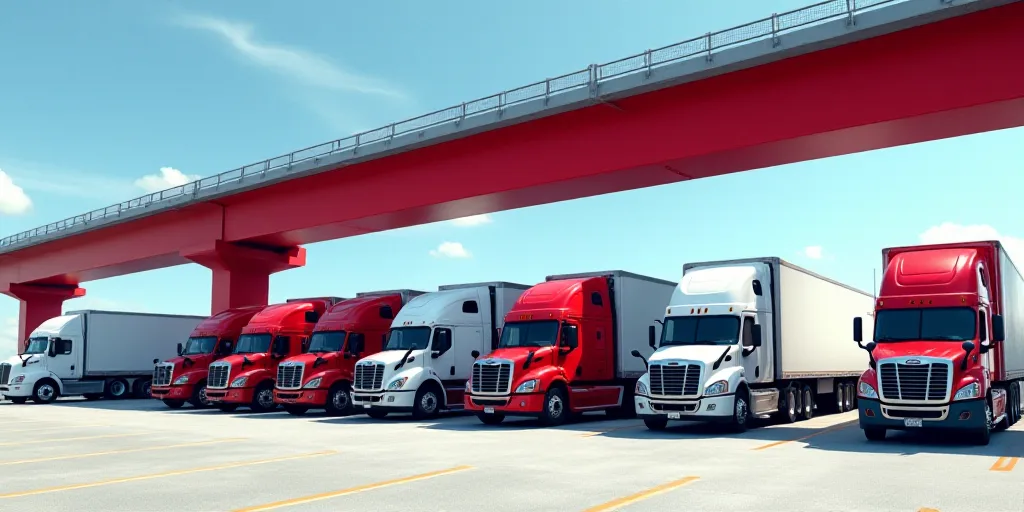 a row of trucks parked under a red bridge overpass in a parking lot with a sky background and a blue