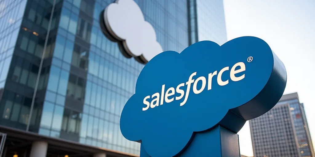a salesforce tower sign in front of a building with a cloud shaped sign on it's side, Allen Tupper T
