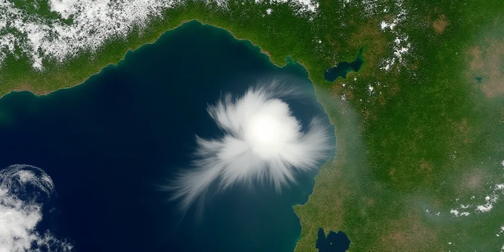 a satellite image of a green and blue ocean and land area with a cloud formation in the middle of th