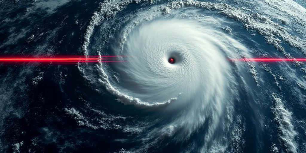 a satellite image of a hurricane with a line of red and blue lines in the middle of it and a line of