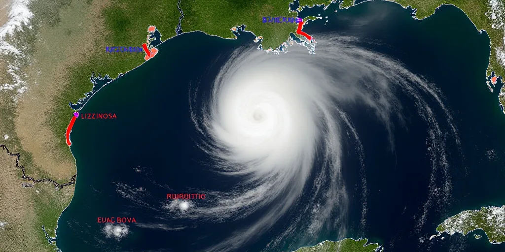 a satellite image of a hurricane with several different areas labeled in blue and red, and a map of