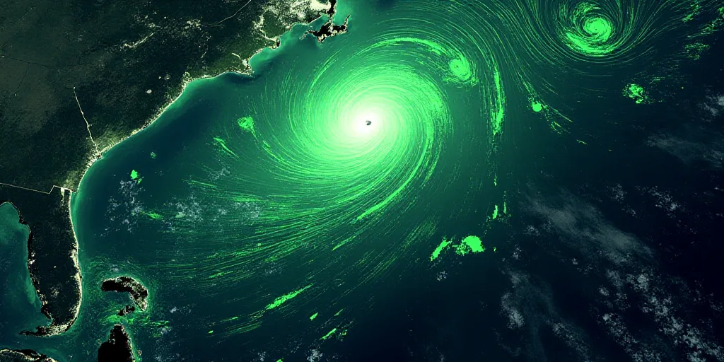 a satellite image of a storm in the ocean with green lines on it and a green line on the top of the