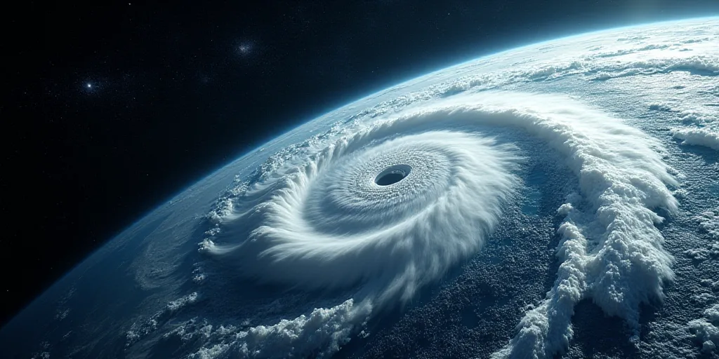 a satellite image of a storm in the ocean with a satellite view of the earth in the background and a
