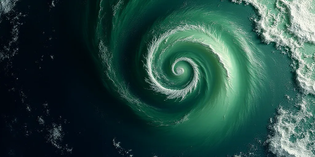 a satellite image of a storm moving through the ocean with a green and black swirl on the center of