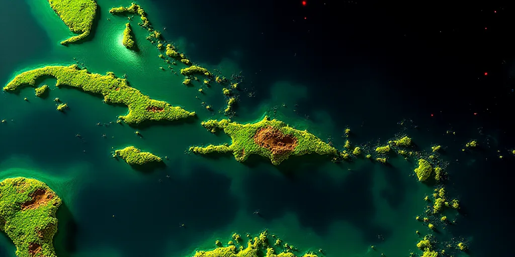 a satellite image of a tropical region in the ocean with a green color scheme and a black background