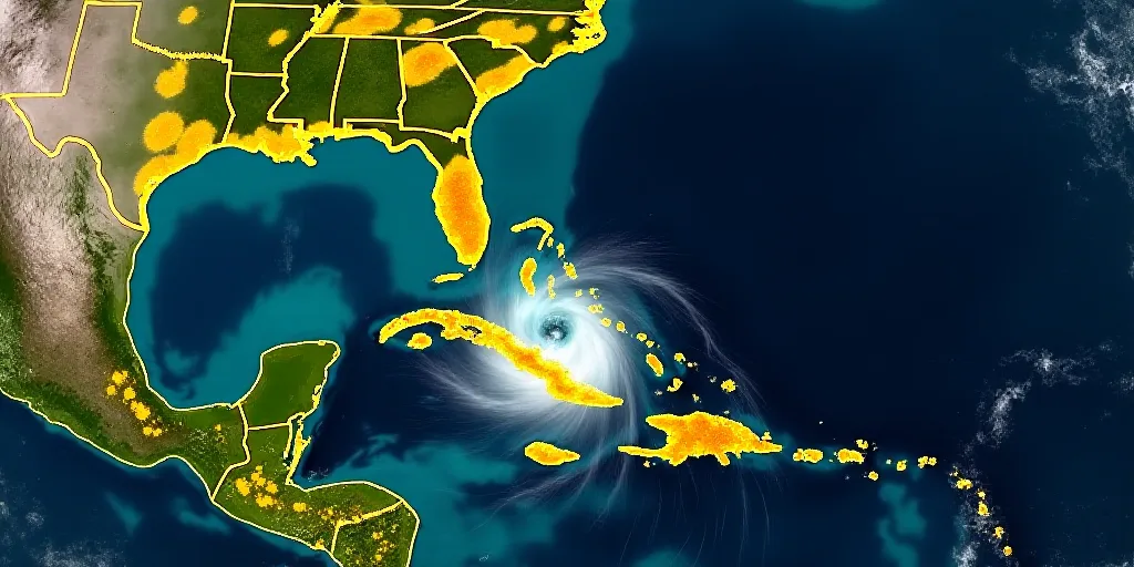 a satellite image of a tropical storm in the ocean with yellow dots on the map of the region of the