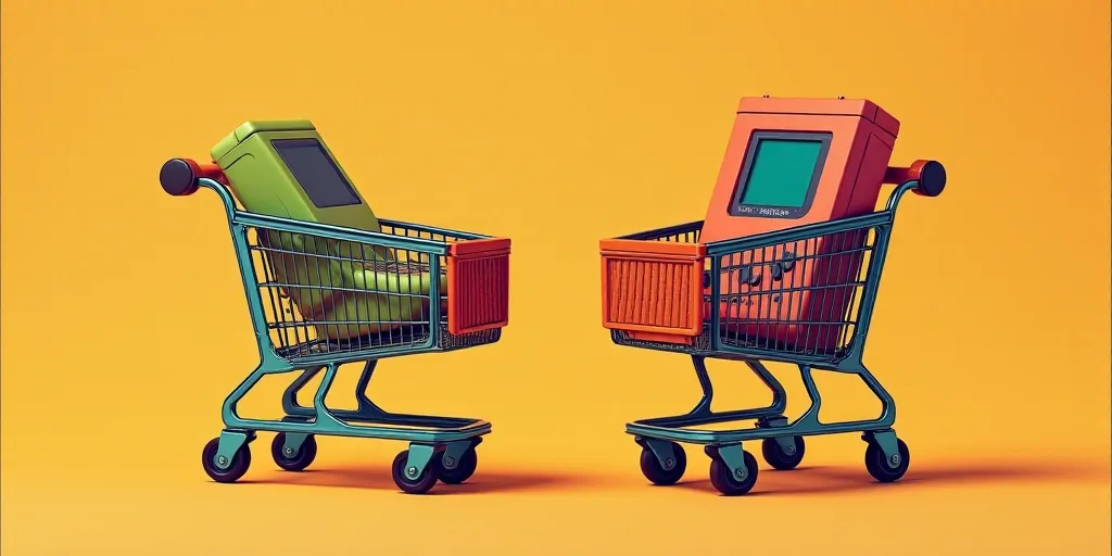 a shopping cart with a shopping cart and a gameboy in it and a shopping cart with a gameboy on it, A