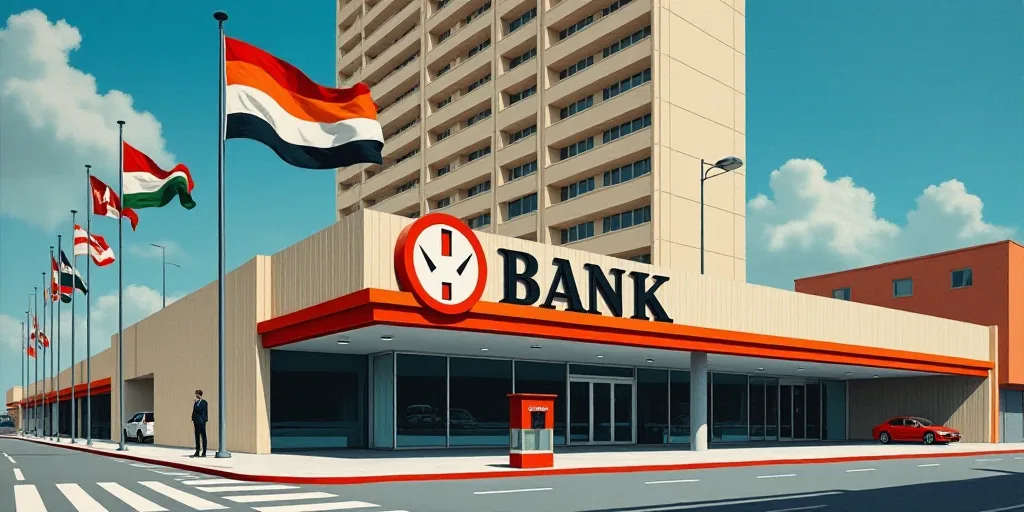 a sign for a bank in front of a tall building with flags flying in the wind in the city, Federico Ur