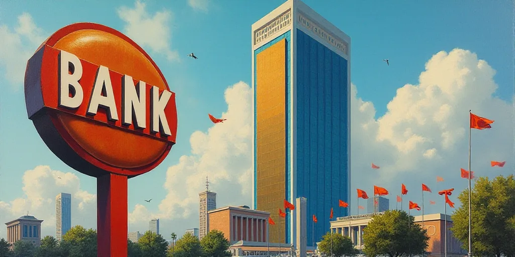 a sign for a bank in front of a tall building with flags flying in the wind in the city, Federico Ur