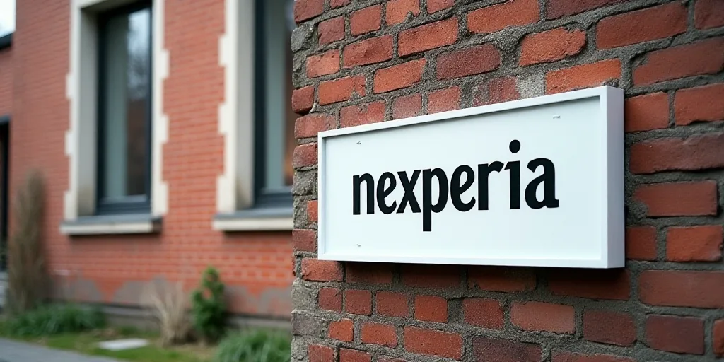 a sign for a building with windows and a brick wall behind it that says nexperia on it, Carles Delcl