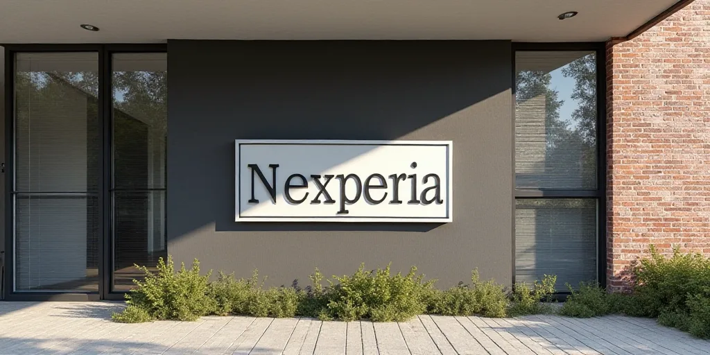 a sign for a building with windows and a brick wall behind it that says nexperia on it, Carles Delcl