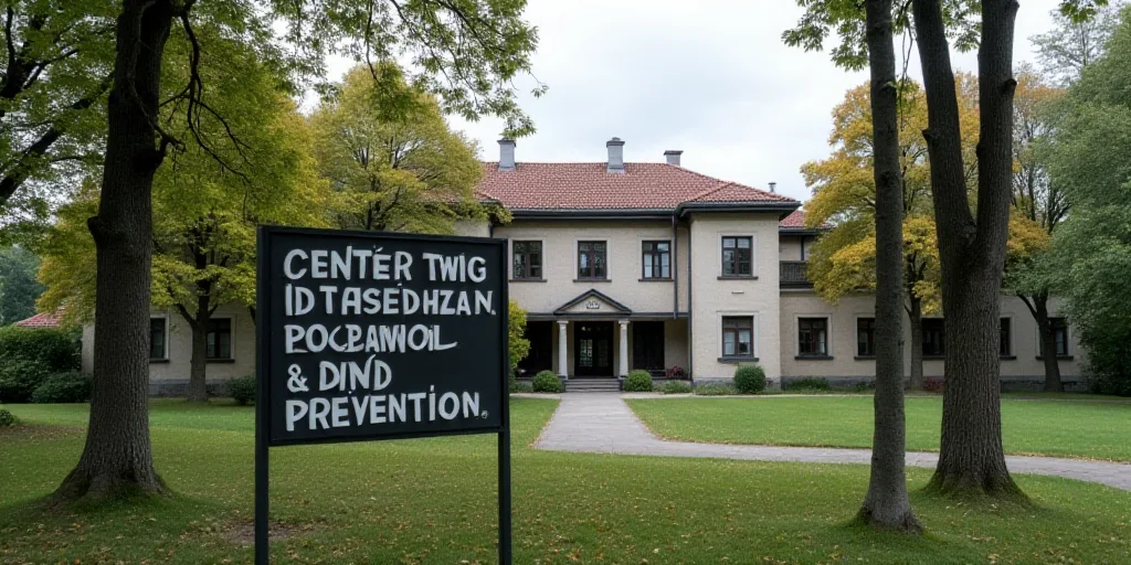 a sign for a center for disease control and prevention with a building in the background and trees i