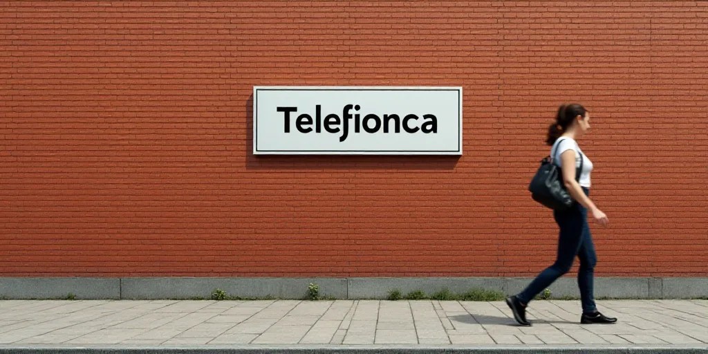 a sign on a brick wall that says telefonica on it and a woman walking by it, Carles Delclaux Is, fot