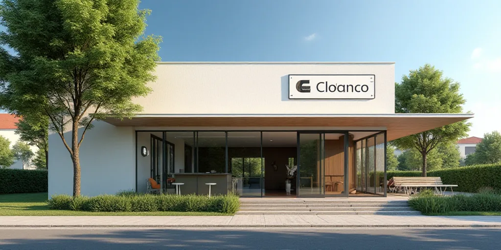 a sign on a building that says clbanco on it's side and a tree in the background, Ceferí Olivé, fr