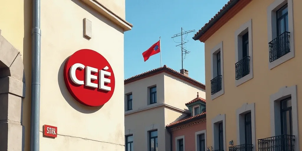 a sign on the side of a building that says cee and a flag flying in the background of the building,