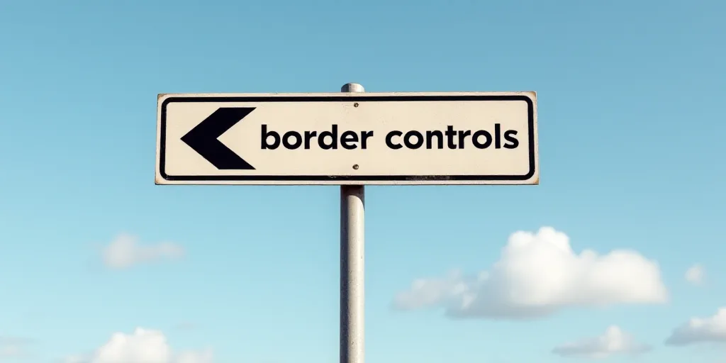a sign that is on a metal pole with a sky background behind it that says border controls and an arro