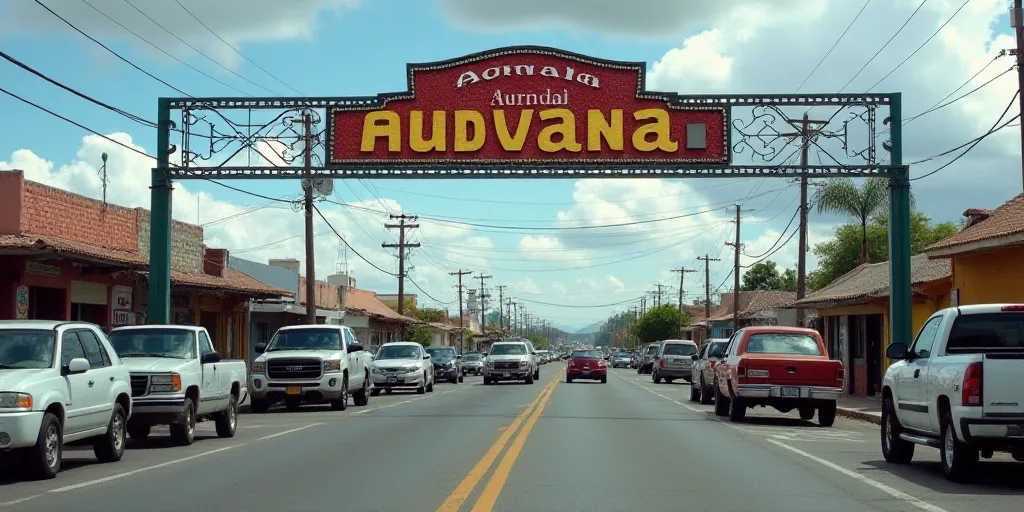 a sign that says adunana mexico above a street with cars and trucks parked in front of it, Aquirax U