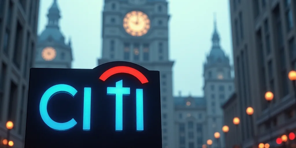 a sign that says citi in front of a building with a clock tower in the background of the sign, Cliff