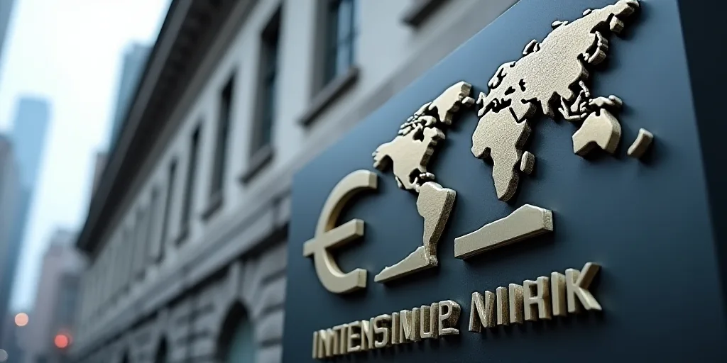 a sign that says international monetary bank on it's side of a building with a world map on it, Éva