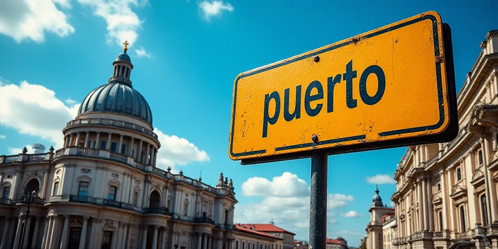 a sign that says puerto in front of a building with a dome in the background and a blue sky, Art & L