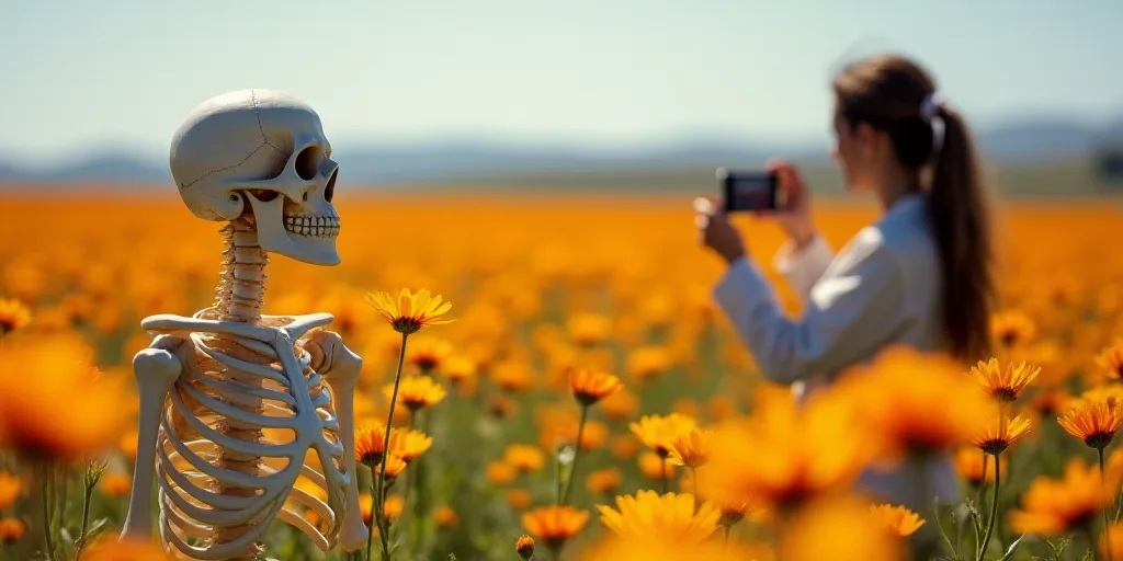 a skeleton in a field of flowers with a woman taking a picture of it with her phone in the backgroun