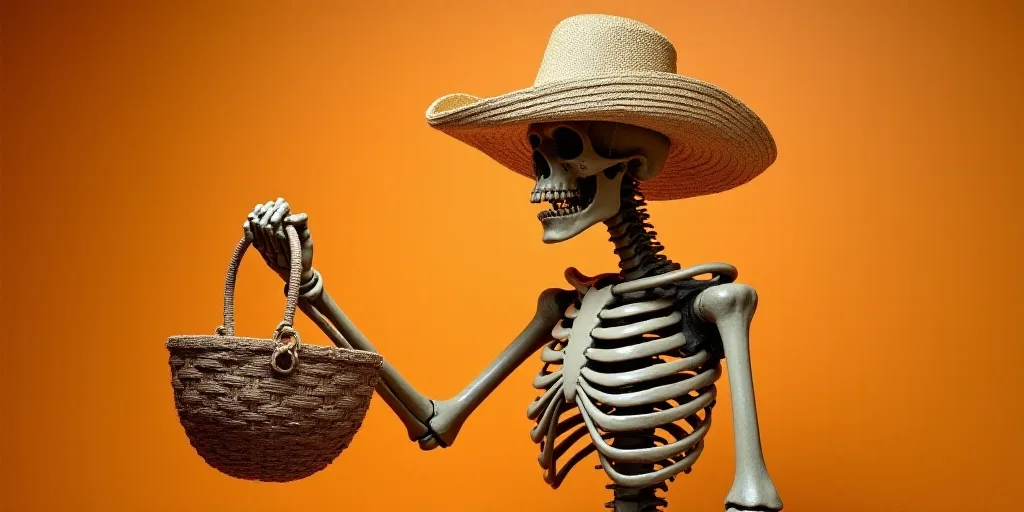 a skeleton statue with a straw hat on it's head and arms, holding a basket in its hand, David LaChap