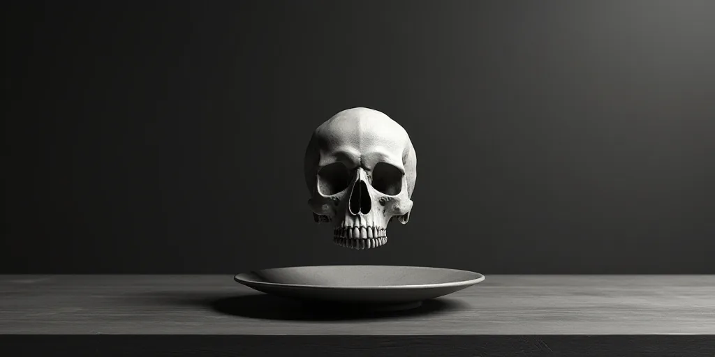 a skull sitting on top of a plate on a table in a room with a black and white background, Alex Petru