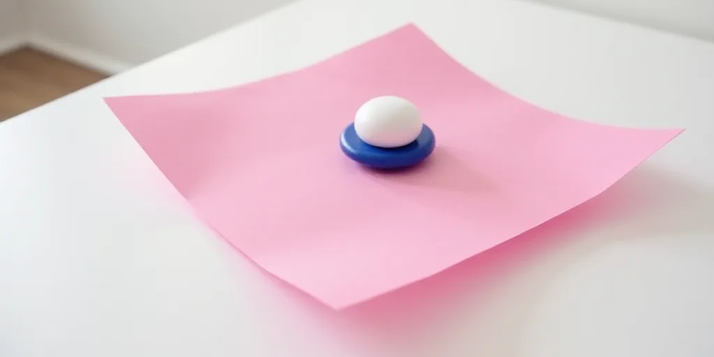 a small white object sitting on top of a pink sheet of paper with a blue object in the middle, Annab