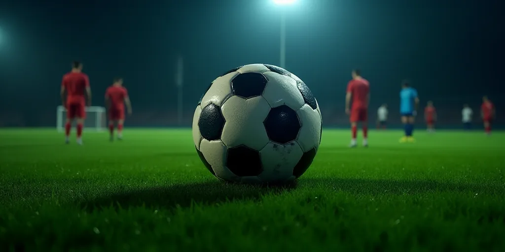 a soccer ball sitting on top of a green field at night with people standing around it and a person s