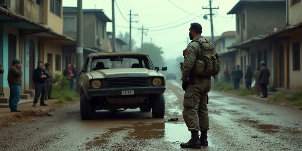 a soldier standing in front of a destroyed car in a muddy street with people watching from the side
