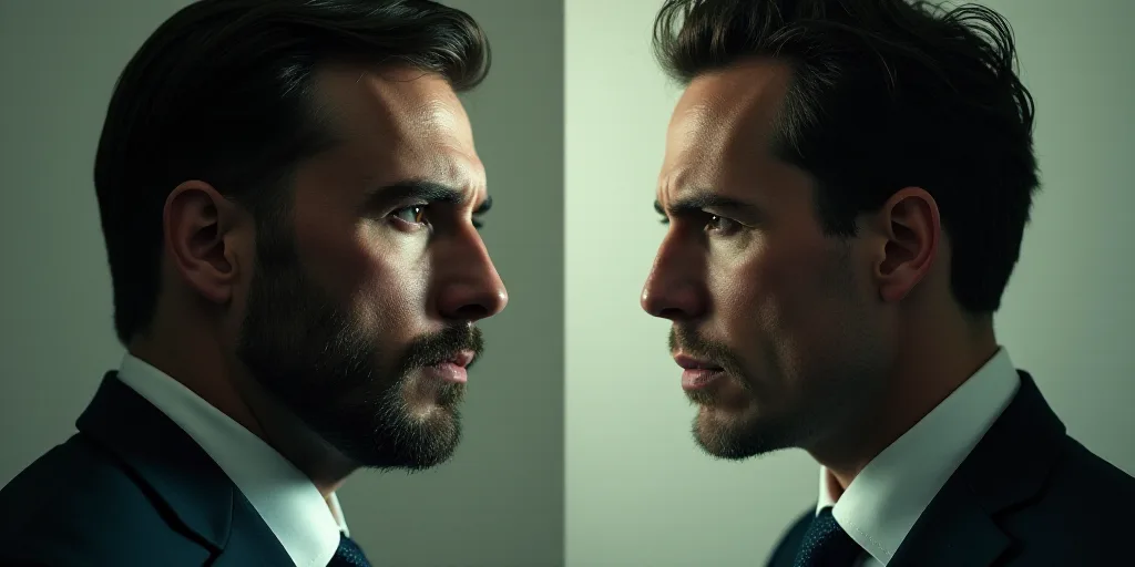 a split photo of a man and a man in a suit and tie looking at each other with a serious look on thei