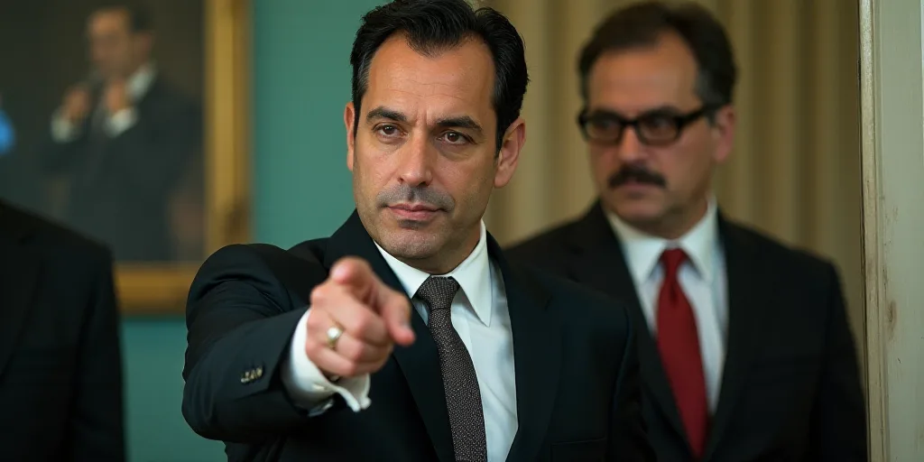 a split photo of a man in a suit and tie pointing at the camera and a picture of a man in a suit and