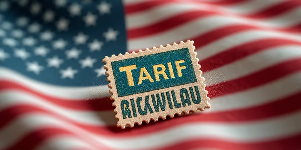 a stamp with the word tarif on it next to a flag of the united states of america and a stamp with th