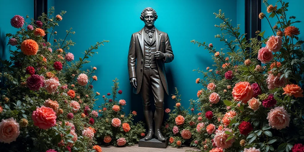 a statue of a man surrounded by flowers and foliages in a blue room with a blue wall behind it, Edwa